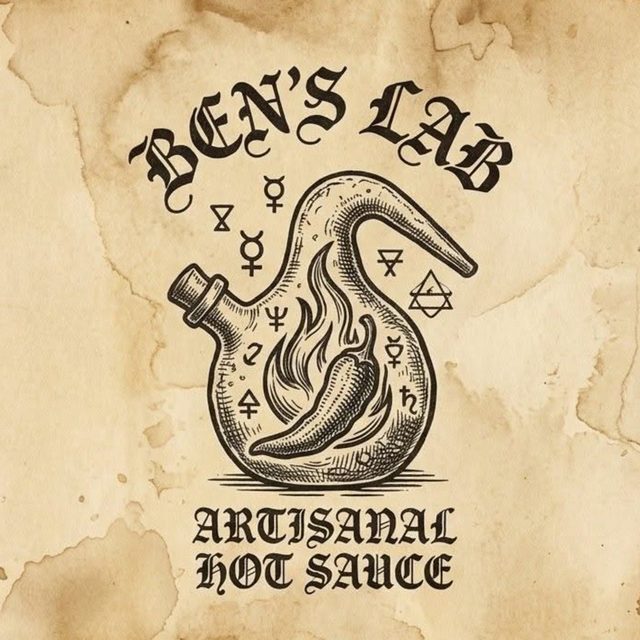 The Ben's Lab house seal: an alchemist's flask holding a flaming chilli, surrounded by alchemical symbols, reading 'Ben's Lab — Artisanal Hot Sauce'.